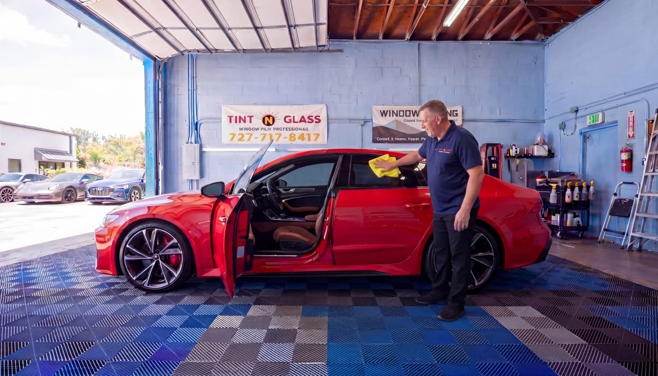 Red sedan in the Tint N Glass bay during final wipe-down