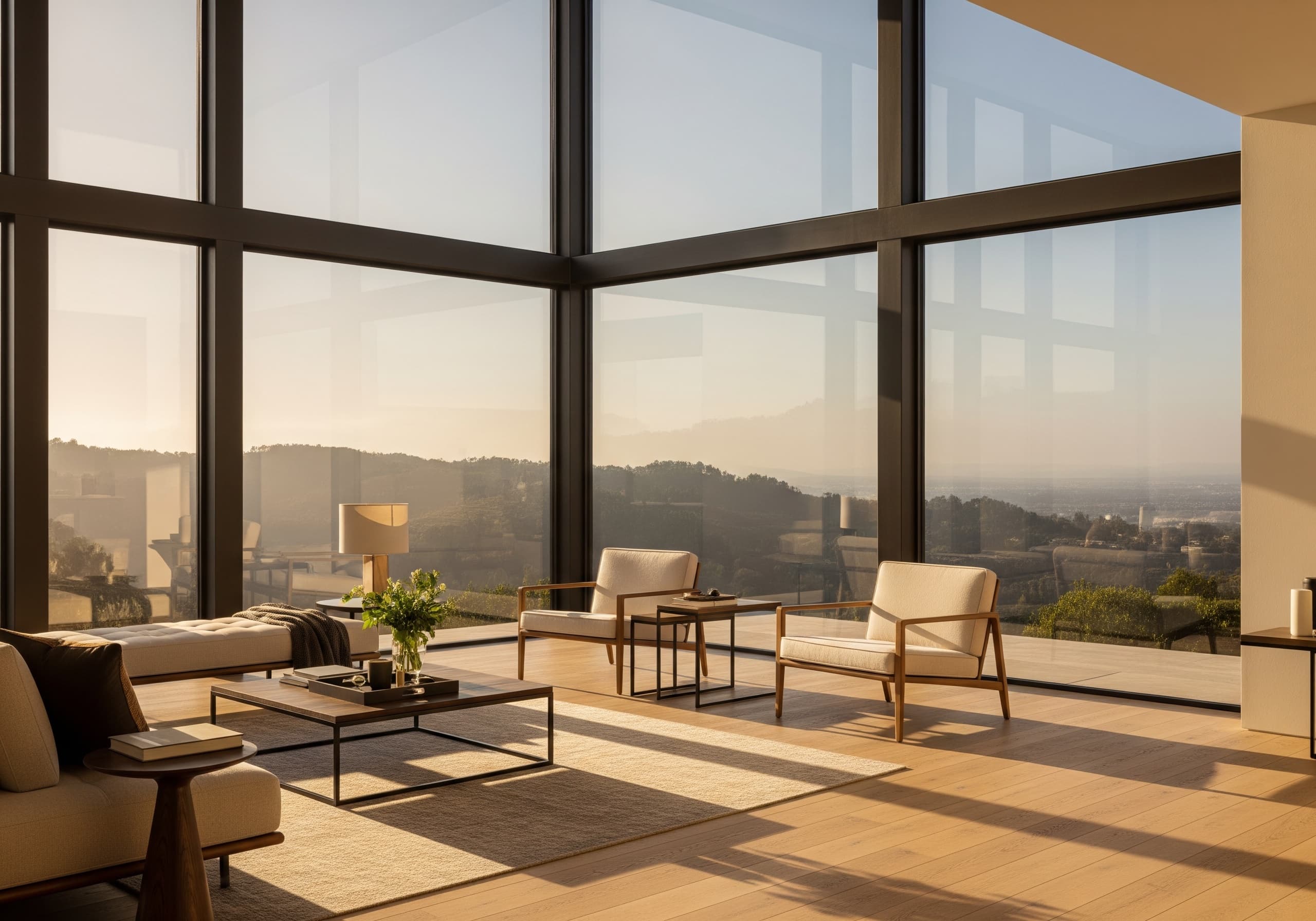 Solar home window tint image showing a warm modern room with subtly toned tinted glass