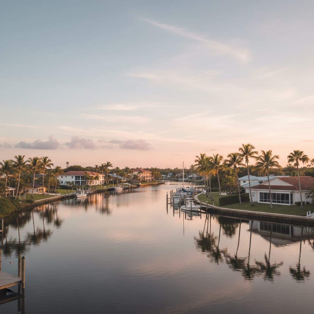 Golden-hour view of the New Port Richey waterfront with palm trees, a small marina, and low-rise Florida homes