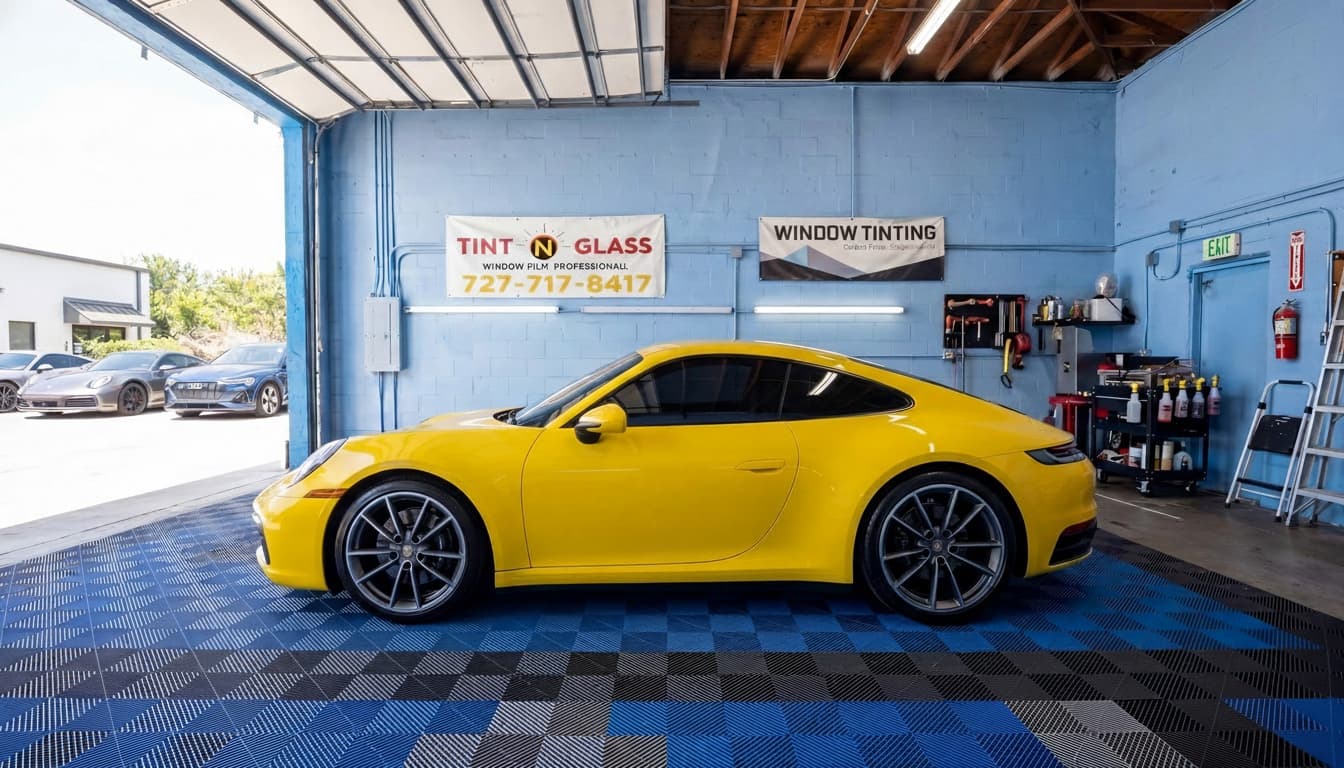 Yellow Porsche inside the Tint N Glass shop