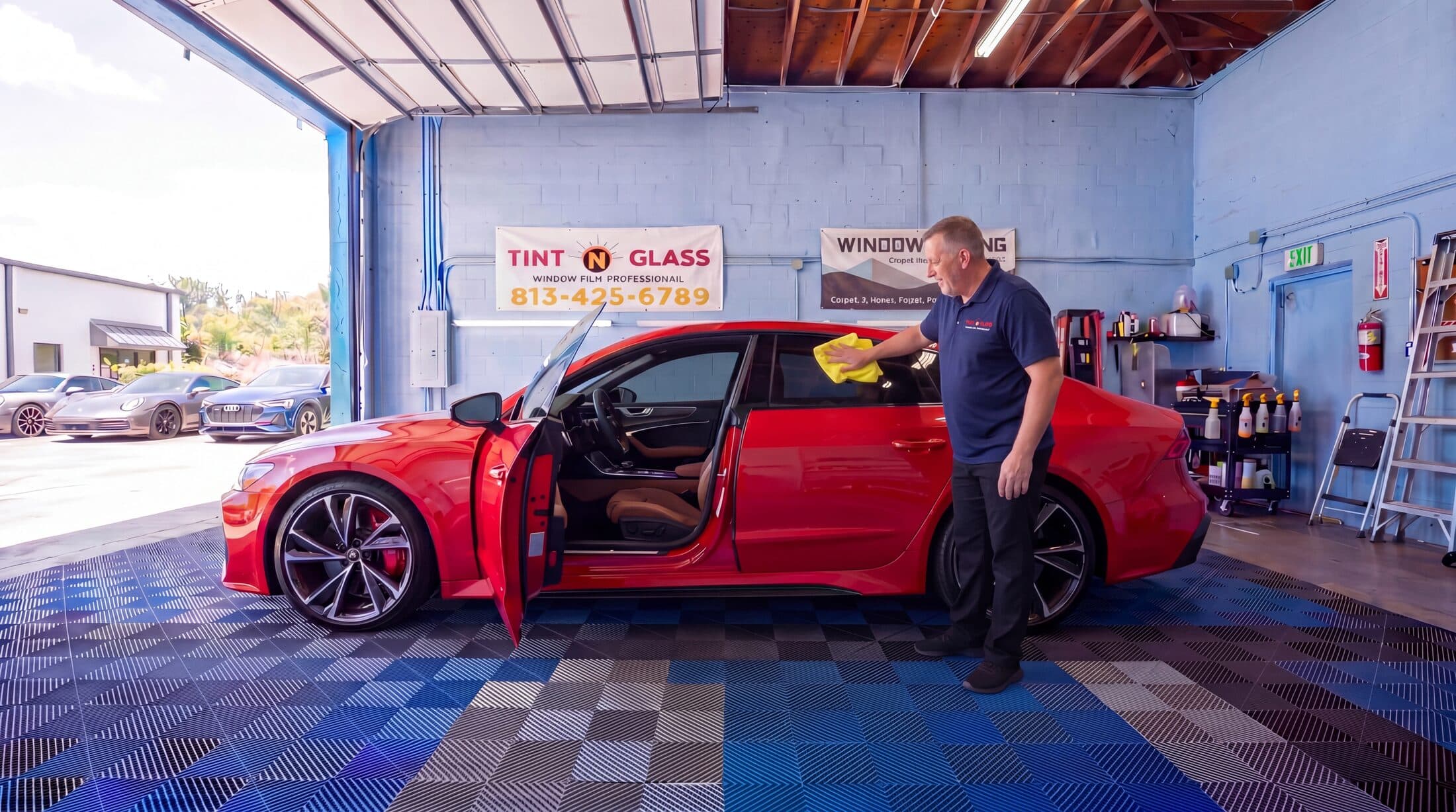 Red sedan in the Tint N Glass bay during final wipe-down