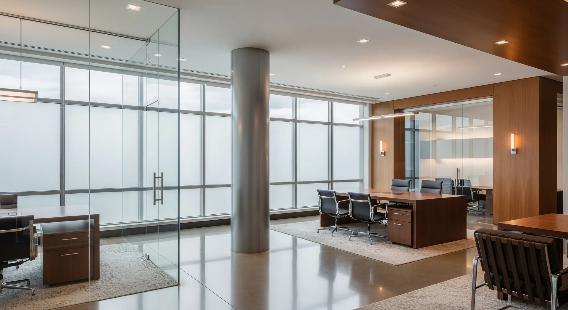 Premium commercial office interior with large tinted glass and controlled natural light