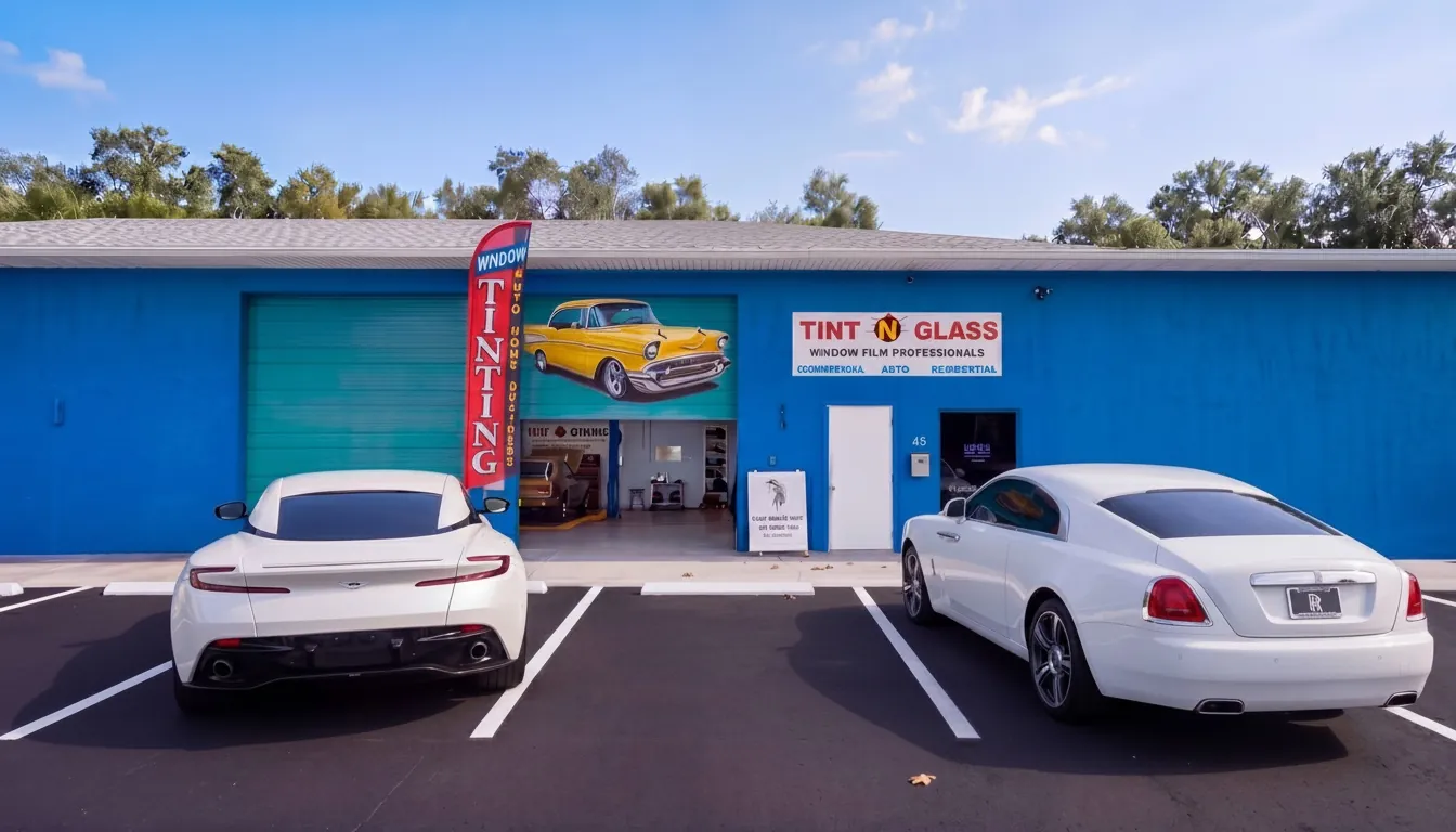 Tint N Glass storefront with customer vehicles parked out front.
