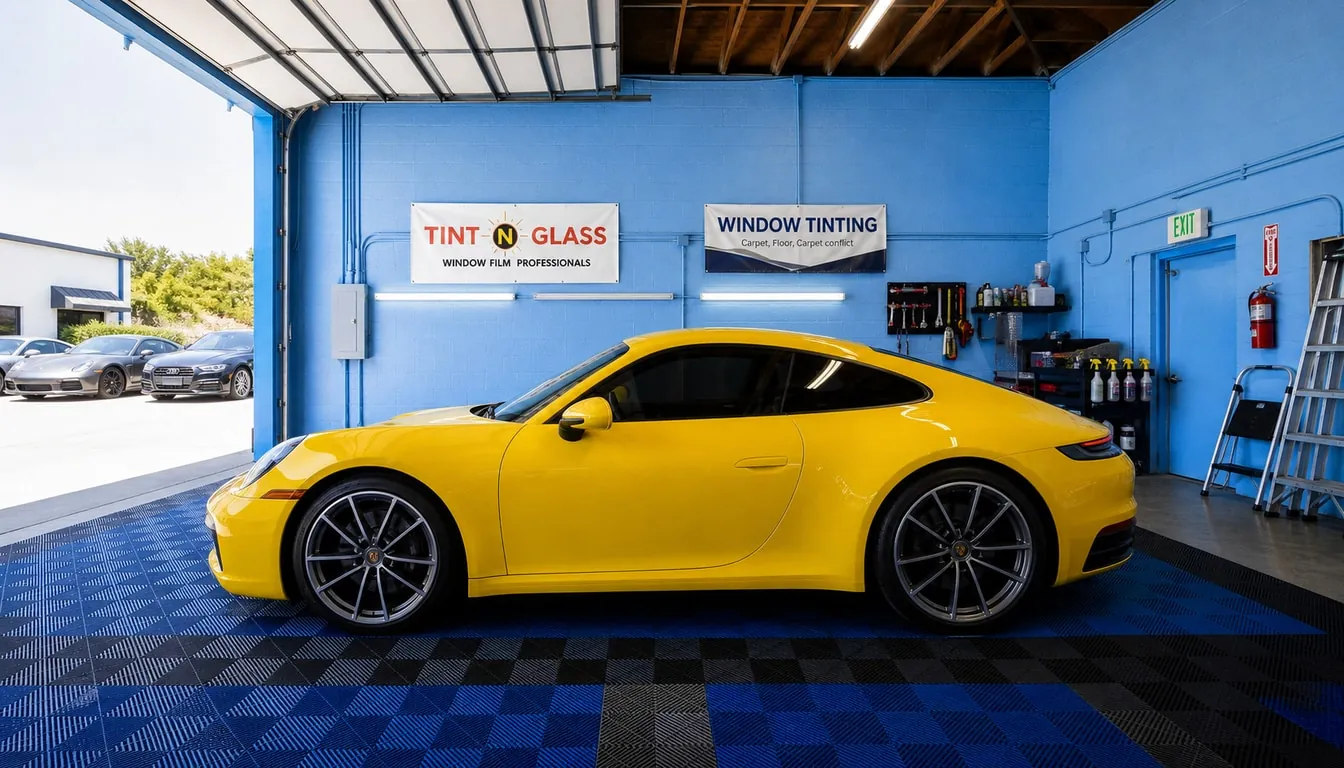 Yellow Porsche inside the Tint N Glass shop